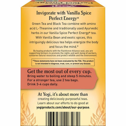 Yogi Tea Vanilla Spice Perfect Energy - 16 Bags per Pack (4 Packs) - Organic Vanilla Energy Tea - Focus Tea - Includes Green Tea, Black Tea, Ashwagandha, L-Theanine & More