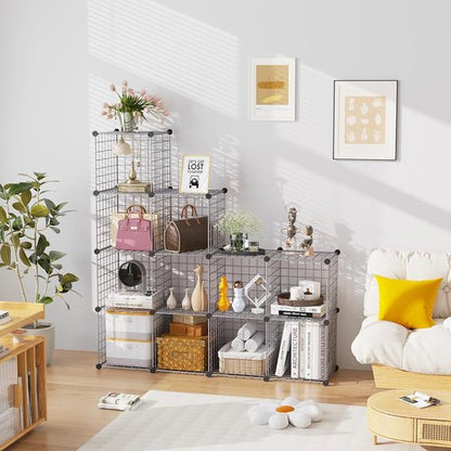 C&AHOME Wire Cube Storage - 12-Cube Organizer with Modular Metal Grids | Ideal for Home & Office, Silver Gray 36.6”L x 12.4”W x 48.4”H