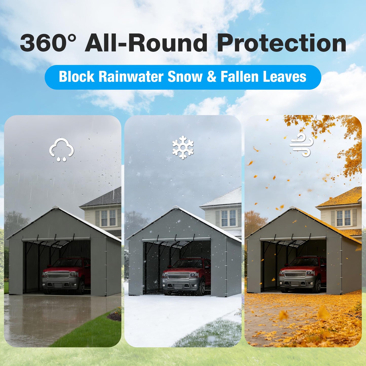 FLOUREE Metal Carport Zipper Door Replacement Fits 20'x16' 20'x20' 20'x25' 20'x26'Heavy Duty 220g PE Tarp, Waterproof UV Resistant Roll-Up Cover with Bungees, Gray (No Frame)
