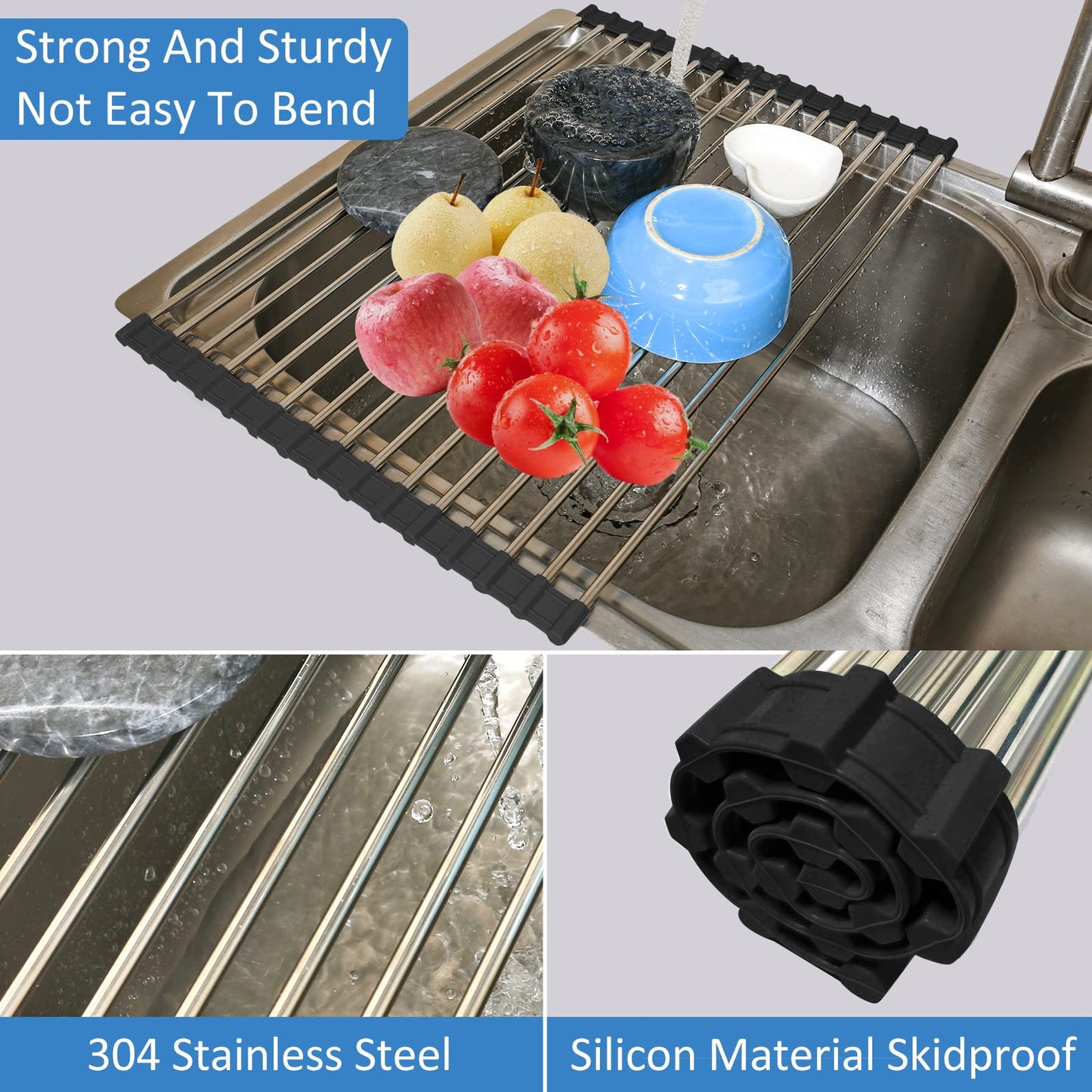 Ahyuan Black Stainless Steel Over-Sink Dish Drying Rack Roll-Up, Multipurpose Kitchen Dish Rack, Portable Rolling Dish Drainer for Kitchen Sink, RV Accessories (17.7''X11.2'')