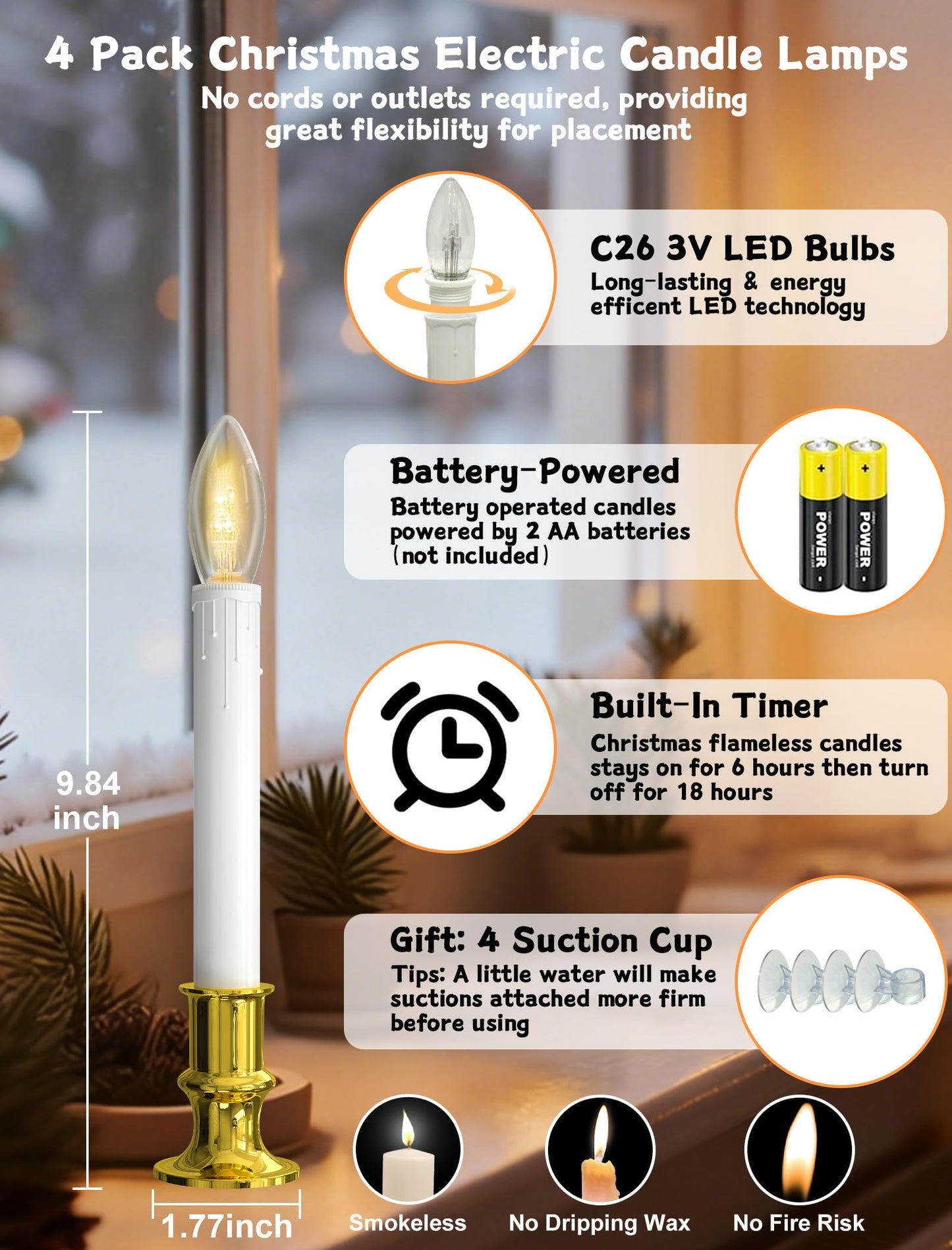 Romasaty 4 Pack Christmas Window Candle Lamps, Battery Operated Window Candle Lights with Automatic Timer and C26 3V LED Bulbs Candlestick for Indoor Windows Table Decor, 4 Suction Cups