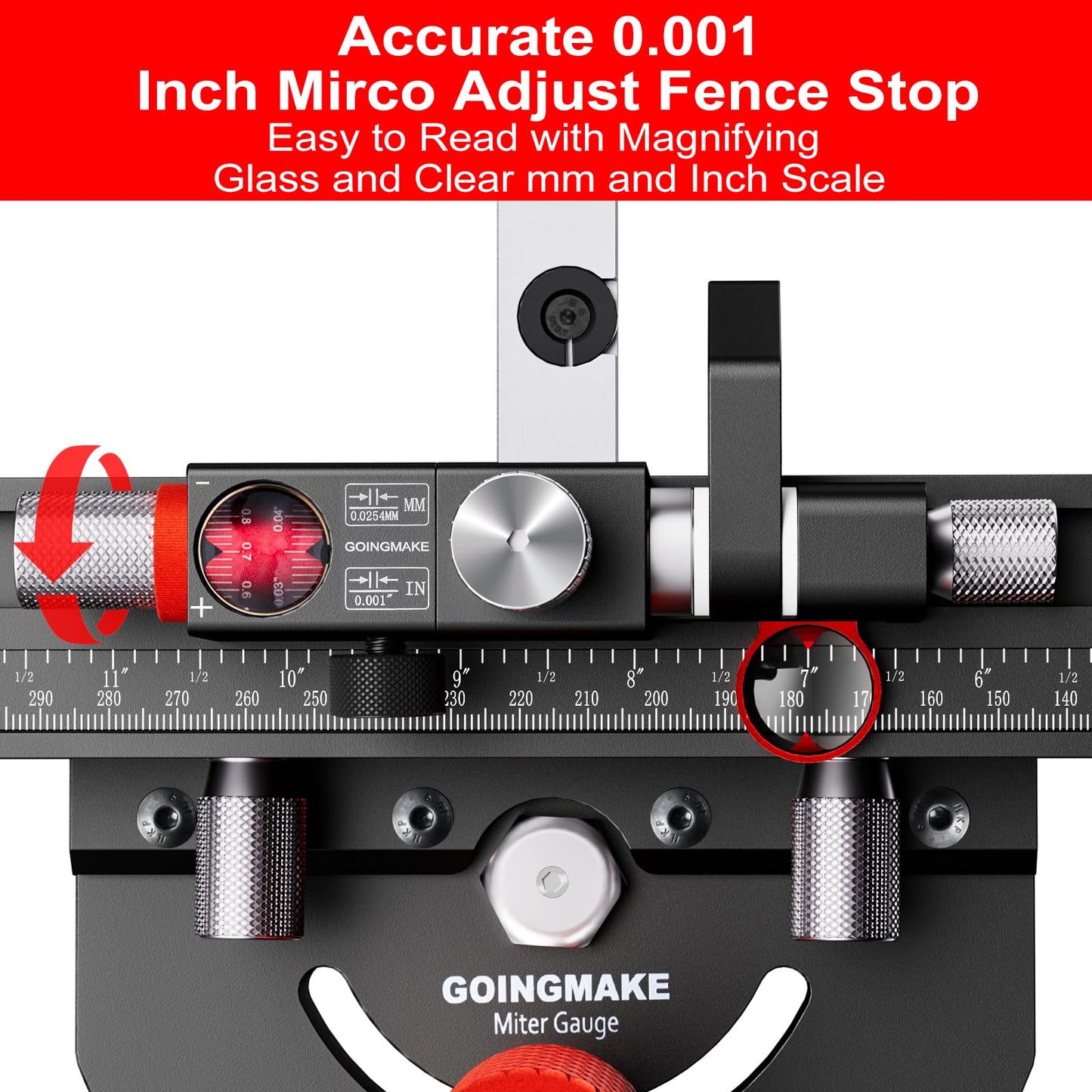 GOINGMAKE Table Saw Miter Gauge with Micro Adjustable Flip Stop and Extendable Fence and Quick Angle Stop for Table Saw Band Saw Router Table Fit 3/8 x 3/4" T Slot for Woodworking Crosscut, Miter Cut