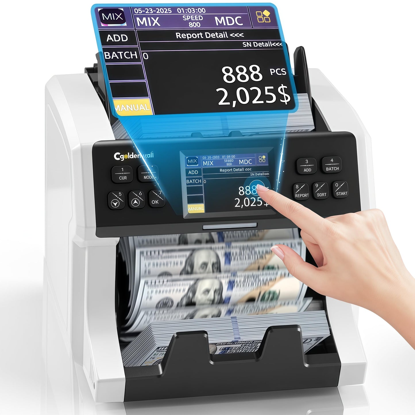 CGOLDENWALL Money Counter Machine Mixed Denomination,Bank Grade Cash Counter 2CIS/UV/IR/MG Counterfeit Detection,Serial Number,MUL Currency Value Counting, Sort&Printer Compatible Bill Counter,1500N/M
