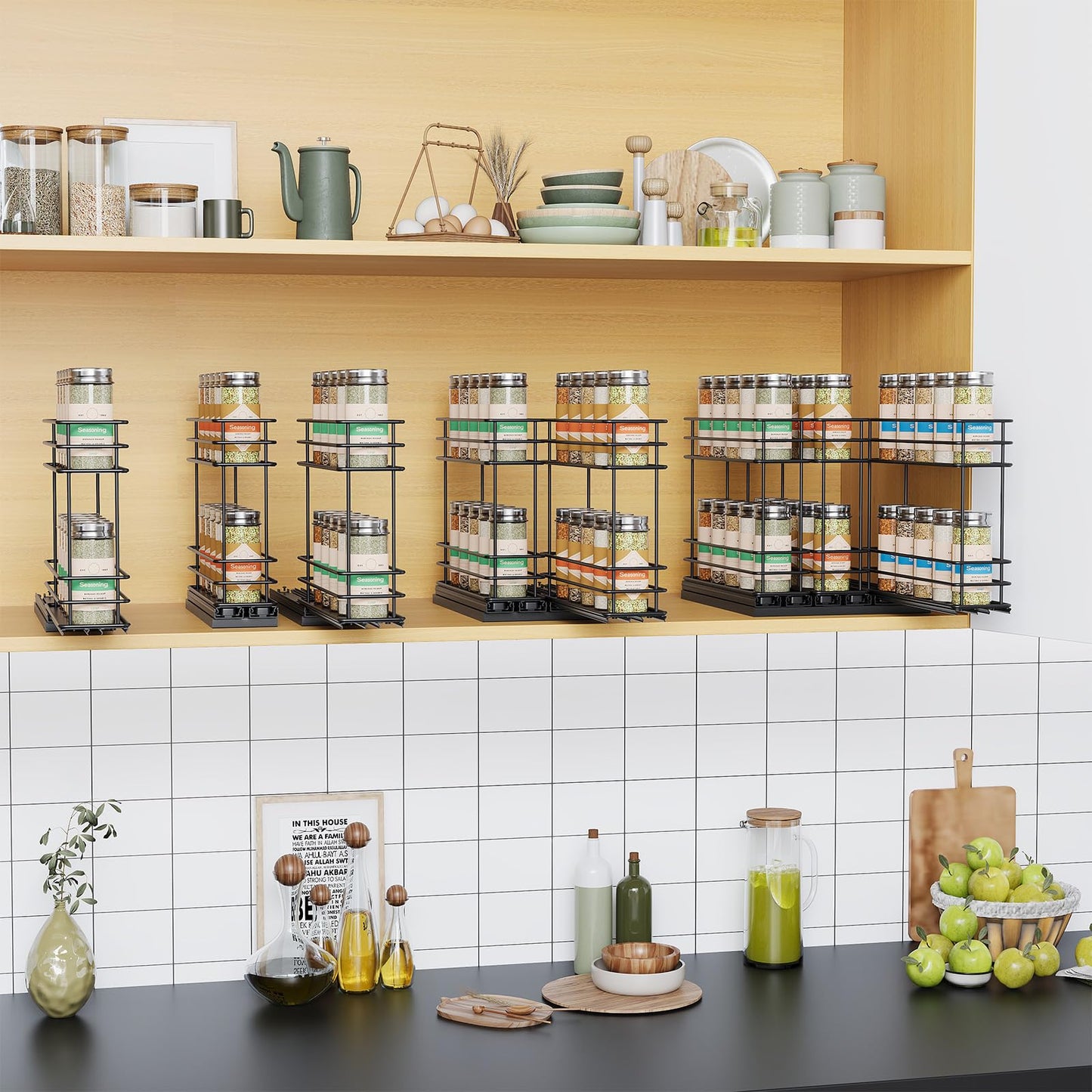 Pull Out Spice Rack Organizer for Cabinet, Slide Out Spice Racks, Easy to Install, 2.1''Wx10.35''Dx8.26''H, 3 Drawers 2 Tiers(Black)