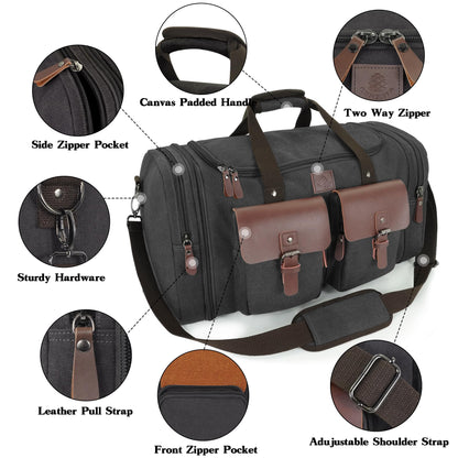 Densata Canvas Duffle Bag for Men 50L Travel Duffel Bags Expandable Genuine Leather Overnight Weekender Carry On Bag Two Zipper Pockets Travel Bag (Black, Large-50L)