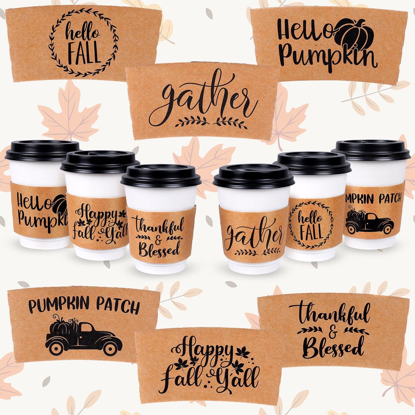 Whaline 36 Pack Fall Coffee Tea Cup Sleeves Thanksgiving Kraft Paper Sleeves for 12 and 16oz Cups Disposable Corrugated Cup Paper Jacket for Hot Chocolate Cocoa or Cold Beverage, 6 Design