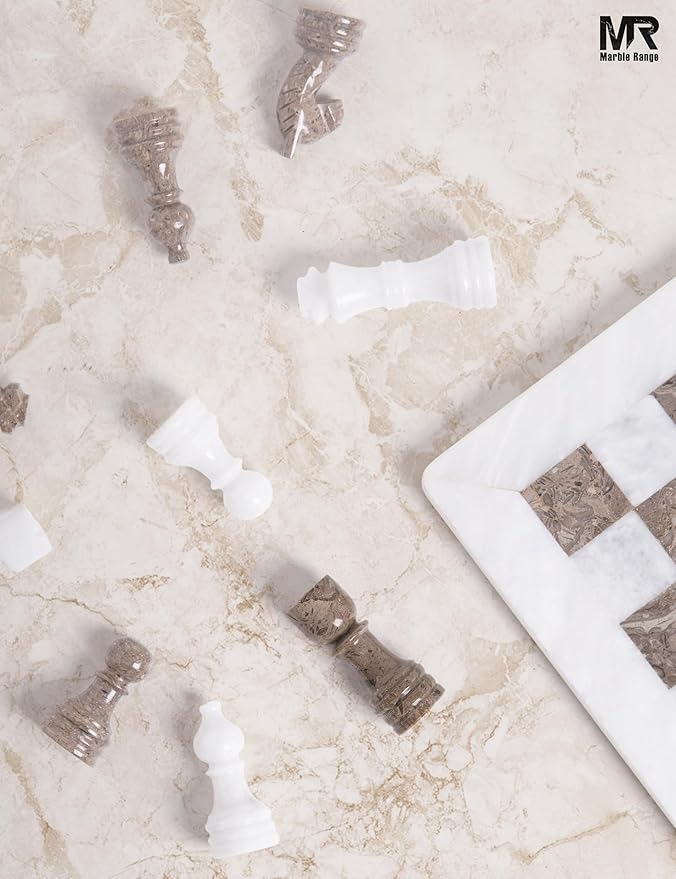 Marble Chess Set for Adults 12 Handmade White &amp Oceanic Board Game with 32 Chess Pieces 2 Extra Queens &amp Storage Box Luxury Travel Game Elegant for Home Decor