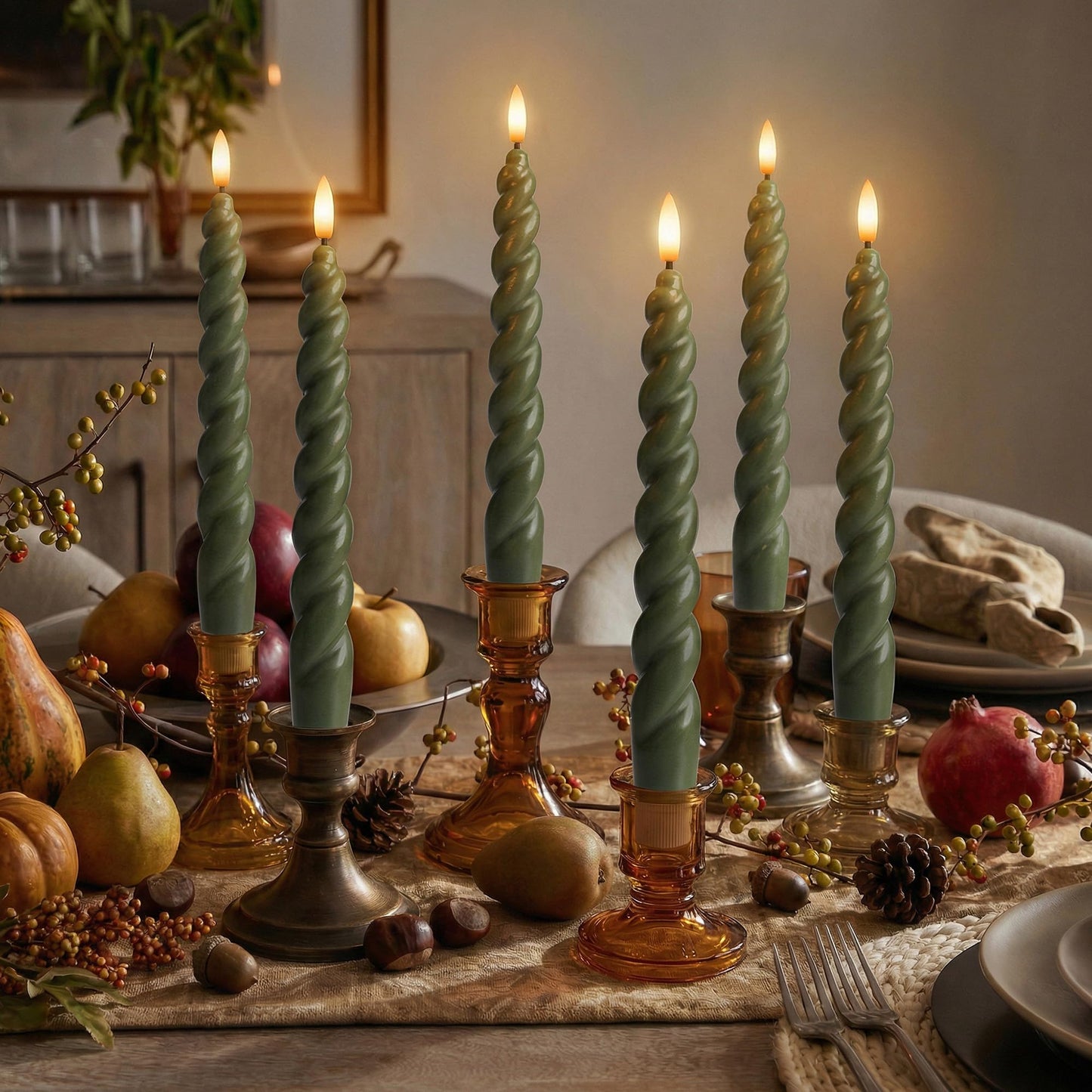 WYZworks 10" Flameless LED Taper Candles – Full Twisted Spiral – Loden Green, Set of 6 – Remote, 2/4/6/8-Hr Timer (24-hr Memory), Bottom On/Off Button, Dimmable, Battery Operated, Flicker/Steady