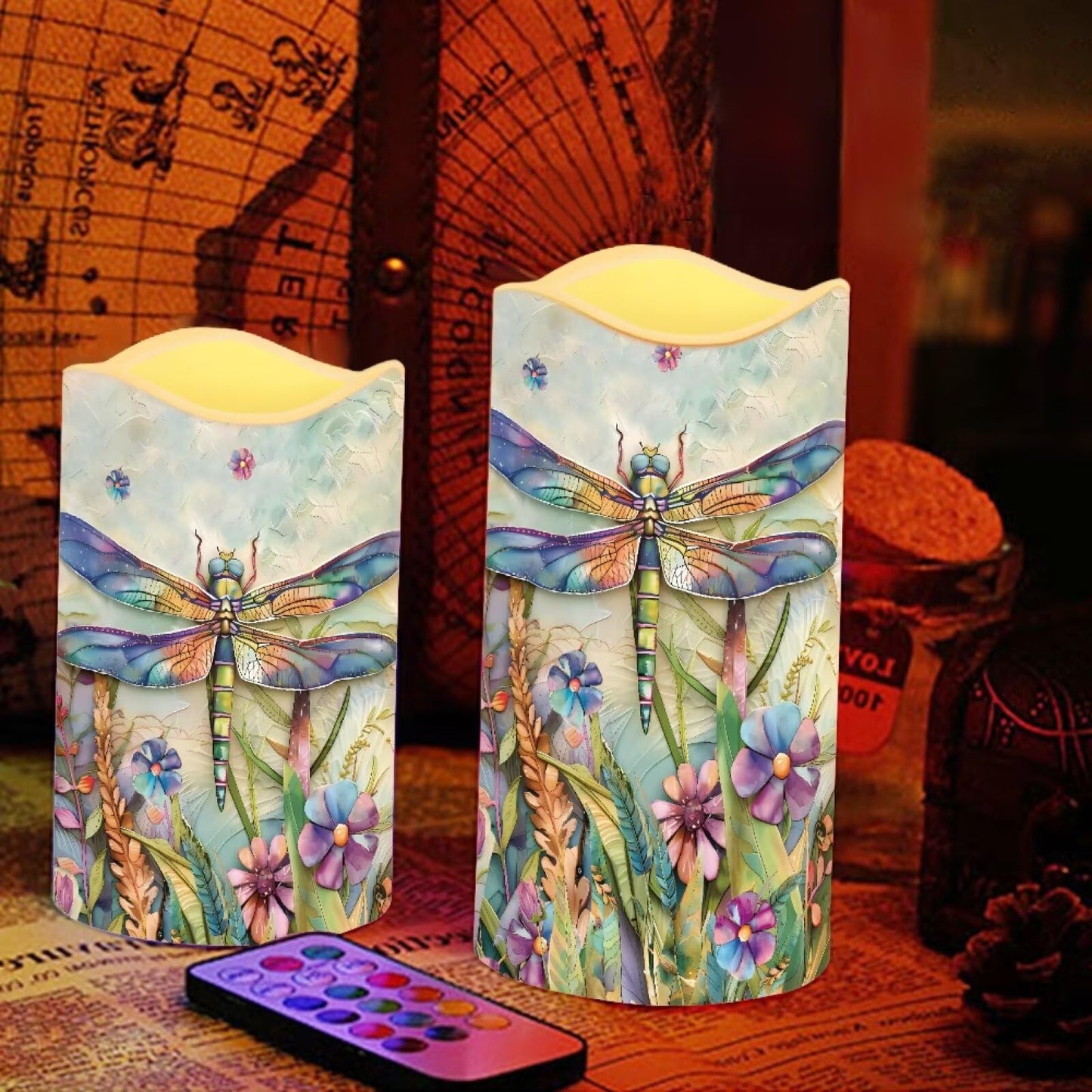 Cozeyat Dragonfly LED Candles Set of 4 Battery Powered Flameless with Remote Timer Flickering Waterproof for Indoor Outdoor Garden Table Beach Decor