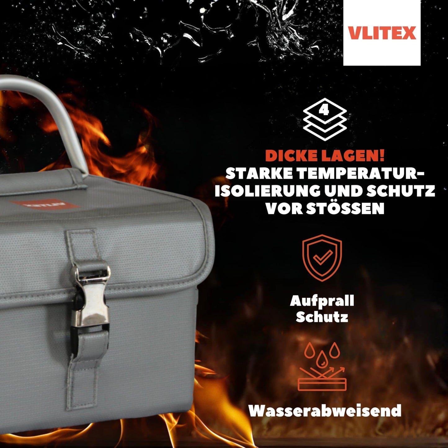 VLITEX Lithium Battery Storage Box L (Large) | Engineered in Germany | Fireproof E-Fiberglass & Silicone Blend | Certified Lipo Safe Bag Container