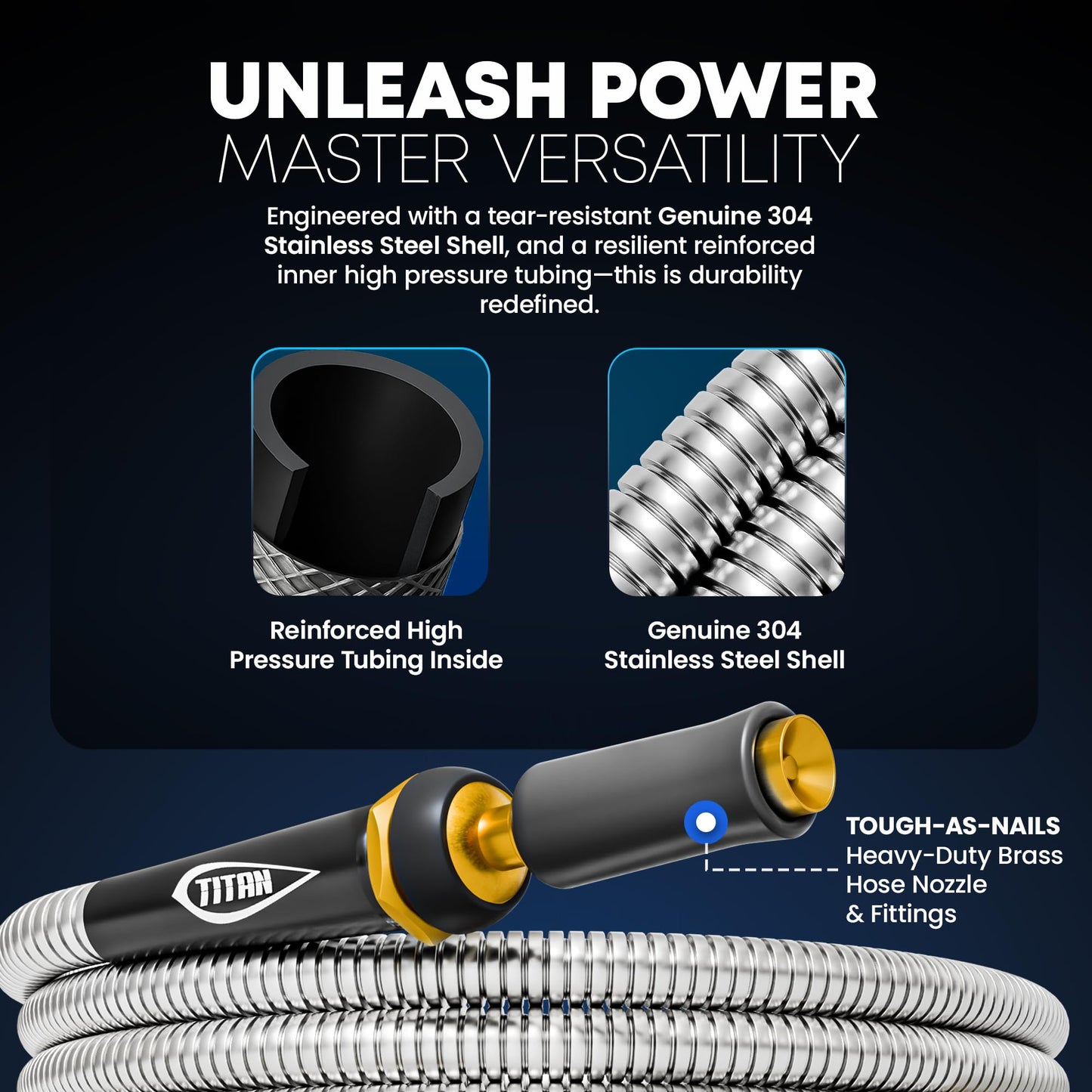 TITAN Garden Hose 150FT - 304 Stainless Steel Metal Water Hose, Flexible, Kink-Free, Lightweight, Durable Crush Resistant Fittings, Easy to Coil, 500 PSI