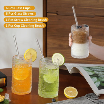 Akutaa Vintage Hobnail Drinking Glasses Set of 6, 16 oz Large Capacity Embossed Clear Tumblers, Highball Glasses for Water, Cocktail, Beer, Whiskey, Kitchen & Bar Use
