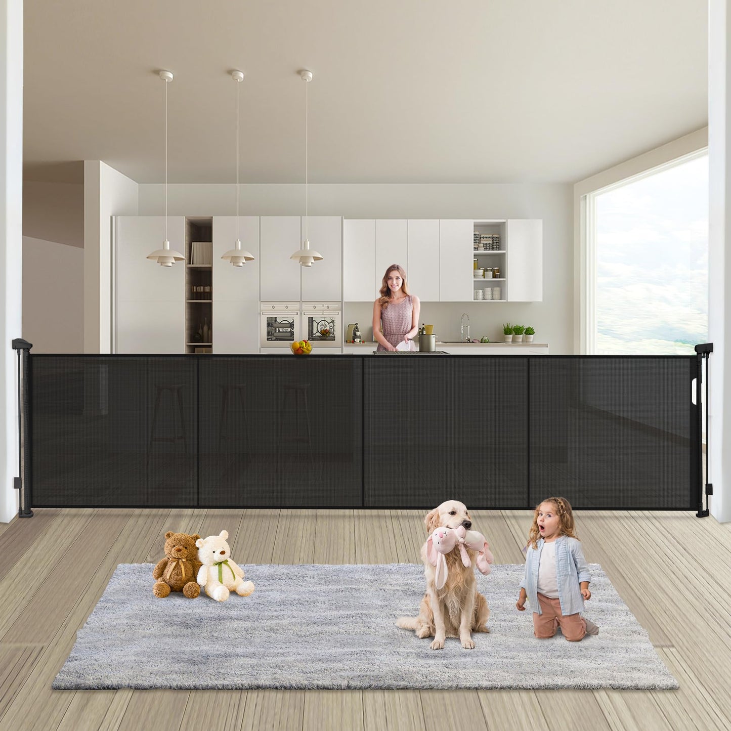Retractable Baby Gates Dog Gate - 200" Extra Wide Expandable Child Safety Gate, 37" Tall Toddler Pet Mesh Gate with Reinforced Strips for Doorways, Stairs, Hallways, Outdoor & Indoor Large Openings