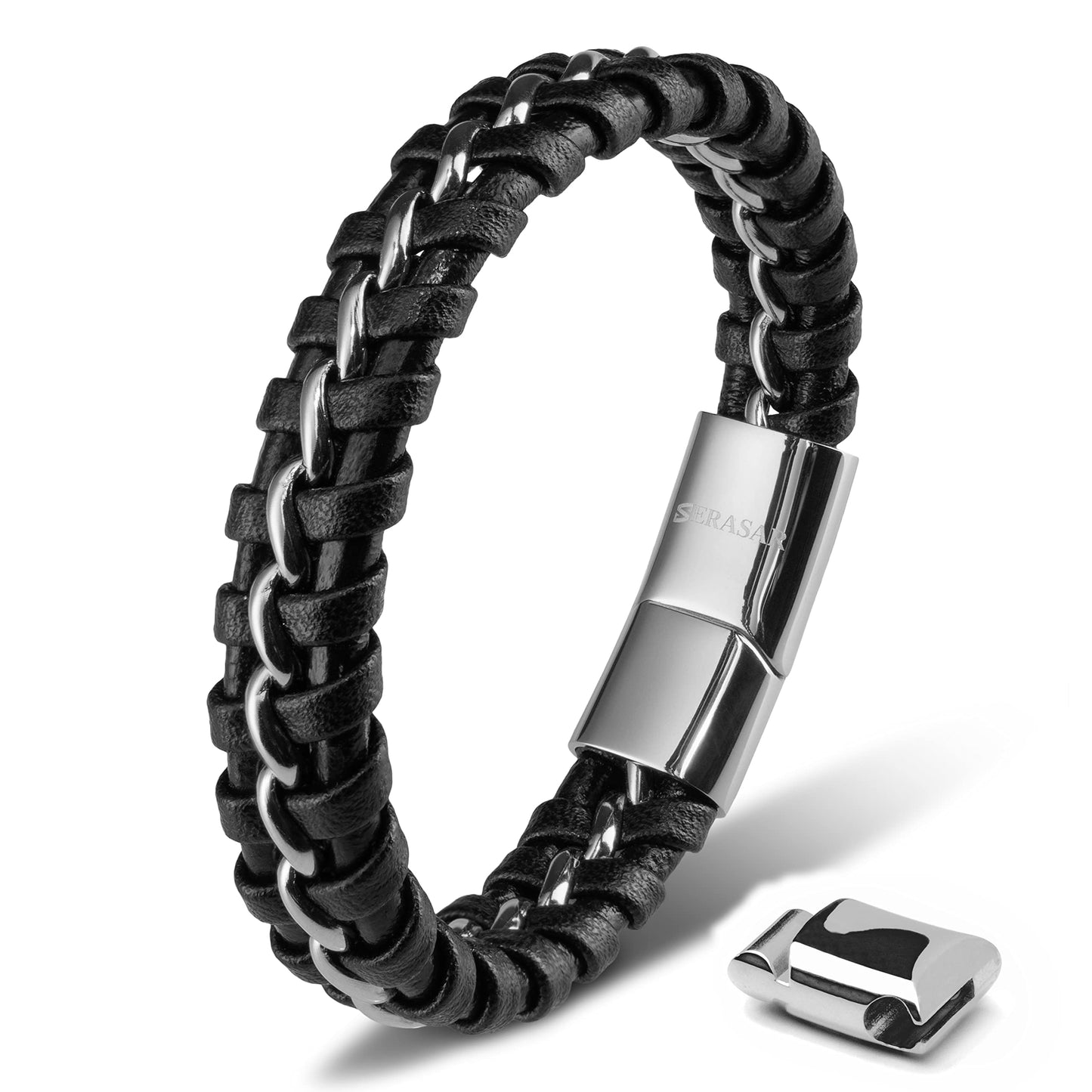 SERASAR 8″ Silver Leather Bracelets for Men Mens Cowhide Gift Box Braided Bracelet Stainless Steel Jewelry Wrist Band Cuff Wrap Rope Bangle Dad Pulseras para Hombres Cuero Regalo