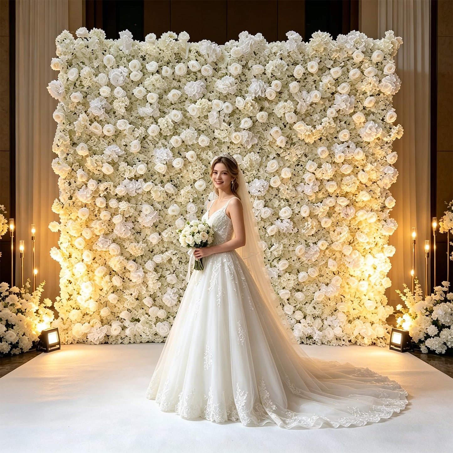 5D Artificial White Realistic Rose wall Backdrop, 8×8ft,Artificial Flower wall Panel. Easy to Install and Store, Reusable. Perfect for Weddings, Birthday Parties, and Home Decoration. with Stand