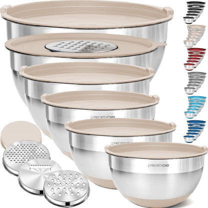 Priority Chef 6-Piece Stainless Steel Mixing Bowls Set - Non-Slip Bases & Airtight Lids | Khaki
