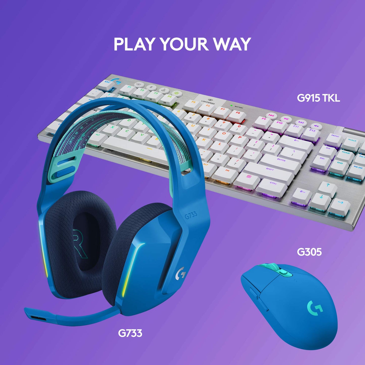 Logitech G733 Lightspeed Wireless Gaming Headset with Suspension Headband, LIGHTSYNC RGB, Blue VO!CE mic Technology and PRO-G Audio Drivers - Blue