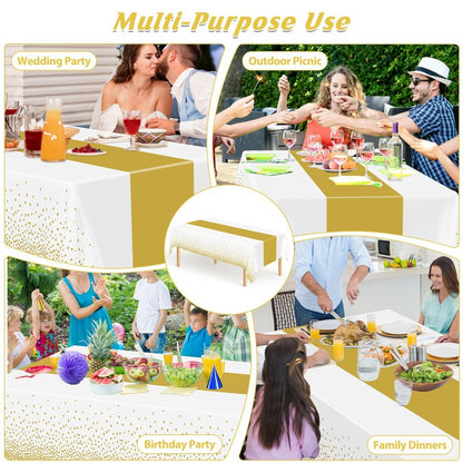 QZYL 12Pack Table Cloth Rectangle Tables, 54" x 108" Disposable Party White Table Cloths with Gold Dot, Waterproof Table Covers for Birthday Outdoor Wedding New Year Eve Birthday Decorations Supplies