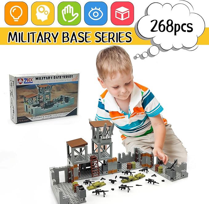 ZHX Military Base Building Brick Set for Army Minifigure War Accessories Defence Base Guard Tower Guns Weapons Building Block Toy for Kids 8 10 12 14 Years