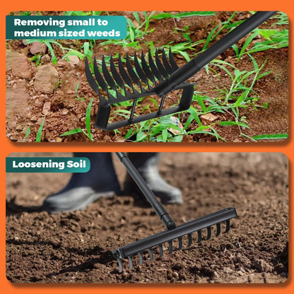 Stirrup Hoe with 76.8" Adjustable Long Handle Weed Puller Heavy Duty Garden Hoe with 12 Tines Rake 2-in-1 Gardening Tool for Loosening Soil, Gathering Leaves, Weeding