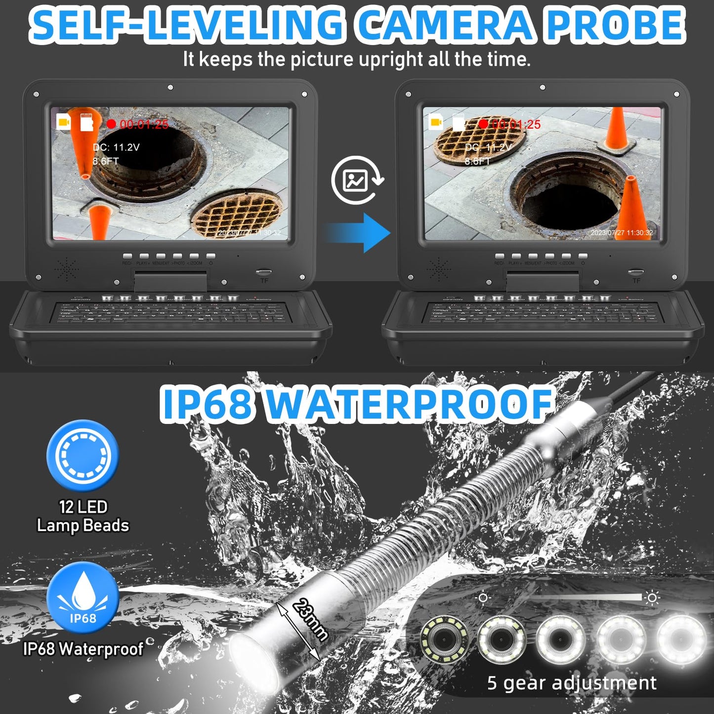 Sanyipace Self-Leveling Sewer Camera 165FT/50M, Drain Inspection Camera with 512Hz Transmitter, Real-Time Distance Counter, 10" IPS Screen Microphone Speaker, 0.27in Rigid Cable, 32GB TF Card Included