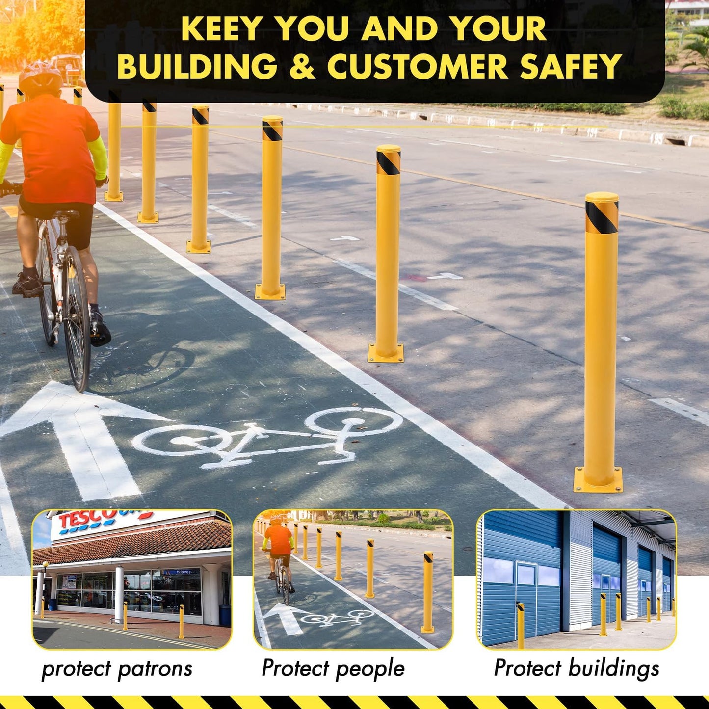 6 Pack fety Bollard, 30 x 4.5 Inch Steel Bollard Post, Yellow Parking Post, Removable Safety Barrier with Anchor Bolts, High Visibility Driveway Barrier for Construction, Traffic Control, Warehouses