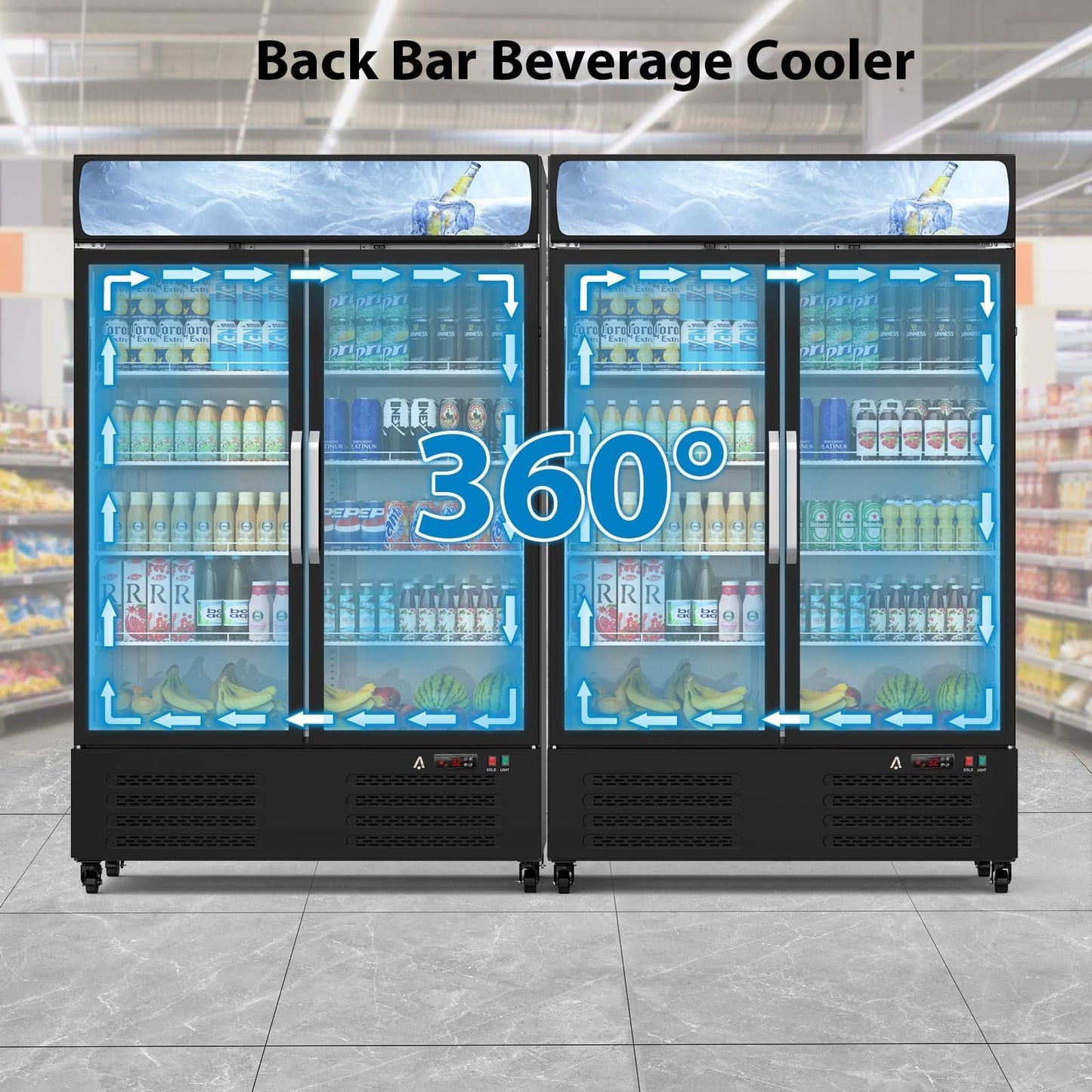 36.3 Cu.ft Commercial Beverage Refrigerator, Glass Door Upright Display Cooler, LED Light, Double Swing Doors, Adjustable Shelves, for Store, Restaurant, Bar, Office, Home