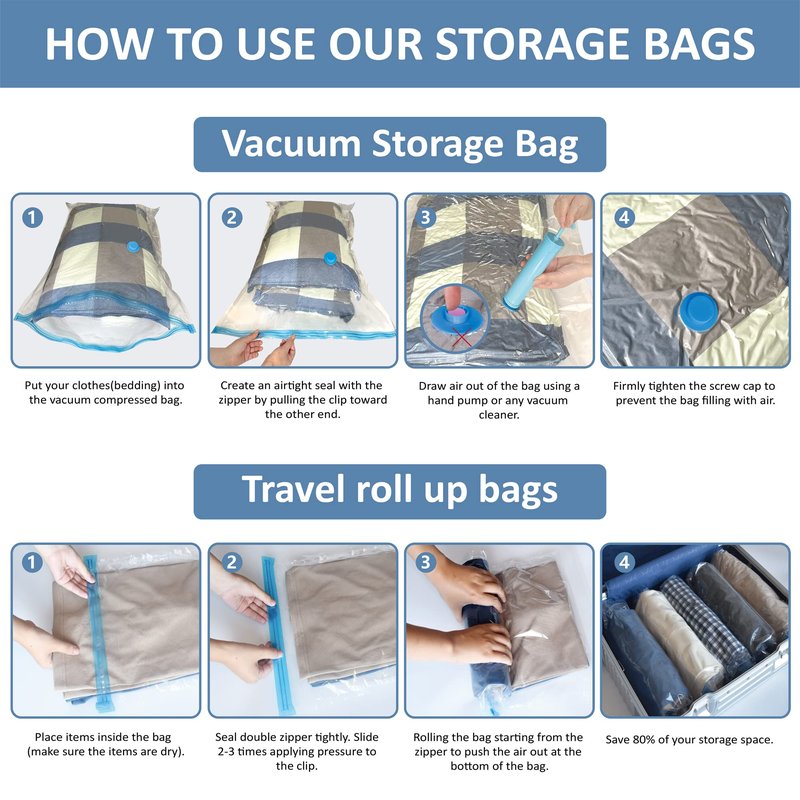 Cozy Essential Vacuum Storage Bags, 80% Compression Vacuum Seal Space Saver Plastic Packaging Bags for Clothes, Blankets, Pillow, Bedding, Comforters, Sealer Clothing Storage,16 Combo