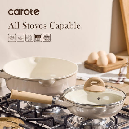CAROTE 8" Ceramic Frying Pan with Lid, Non Stick Frying Pan Skillet Chef's Pan, Healthy & PFOA/PFAS Free, Induction-Compatible, Taupe