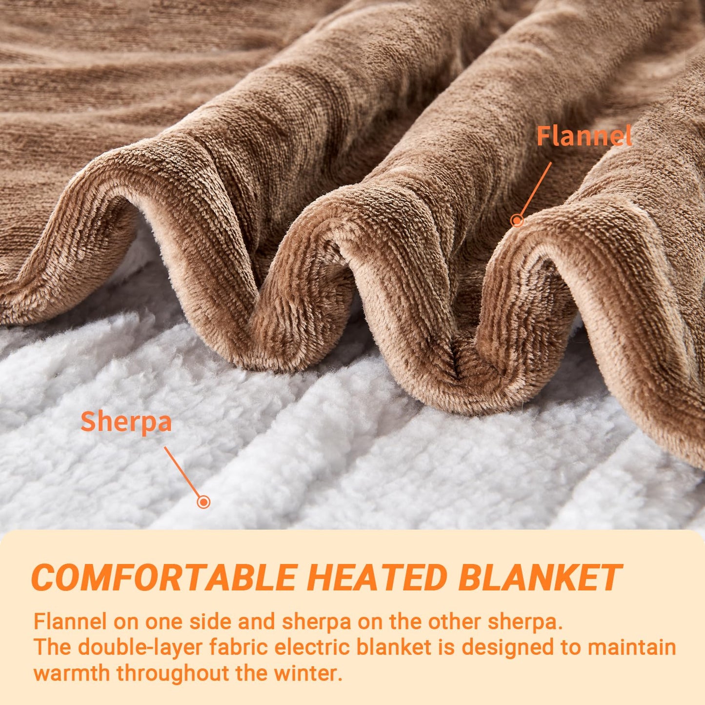 Electric Blanket Heated Throw, Soft Flannel Heating Blanket with 8 Hours Auto Off 10 Fast Heating Levels Machine Washable Sherpa Heated Blanket with Overheating Protection