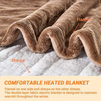 Electric Blanket Heated Throw, Soft Flannel Heating Blanket with 8 Hours Auto Off 10 Fast Heating Levels Machine Washable Sherpa Heated Blanket with Overheating Protection
