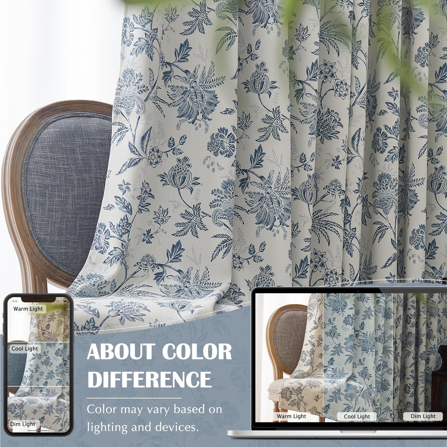 jinchan Blackout Floral Curtains for Bedroom, 84 Inches Long Printed Flower Black Out Curtains, French Country Back Tab Blue Window Treatment Farmhouse Drapes Set 2 Panels Blue
