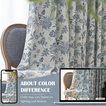 jinchan Blackout Floral Curtains for Bedroom, 84 Inches Long Printed Flower Black Out Curtains, French Country Back Tab Blue Window Treatment Farmhouse Drapes Set 2 Panels Blue