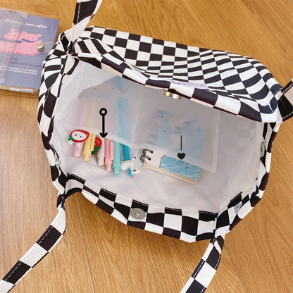 ICOCCI Women Tote Bags Grocery Shoulder Bag Corduroy with Inner Pocket for Work Beach Lunch Travel Shopping Shopper Handbags (Black & White Squares)