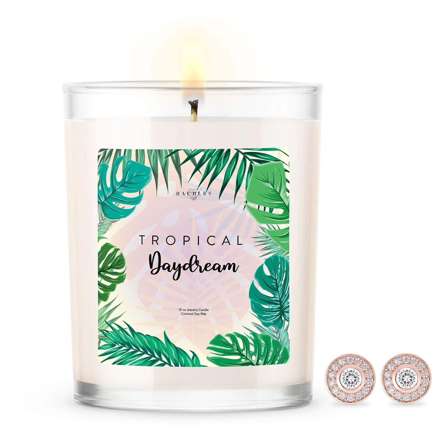 Baubles Tropical Daydream Scented Premium Candle and Jewelry with Surprise Earring Inside | 10 oz Large Candle | Made in USA | Parrafin Free | Earring
