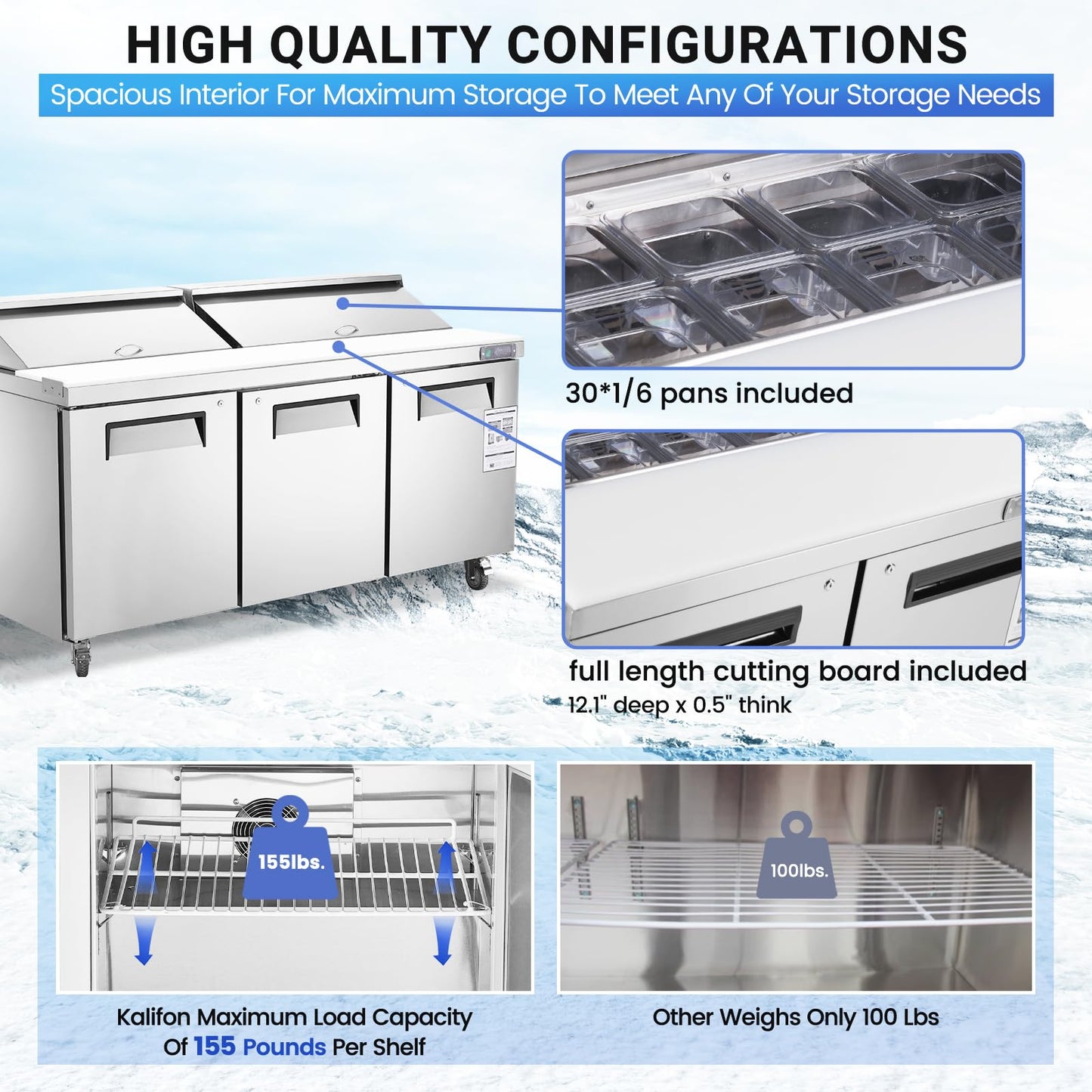 kalifon 72" W 3 Door Commercial Refrigerator Sandwich Salad Prep Table Stainless Steel Fan Cooling Refrigerator with Cutting Board, 3 Shelves & 30 Pans for Restaurant, Bar, Shop-20 Cu.ft