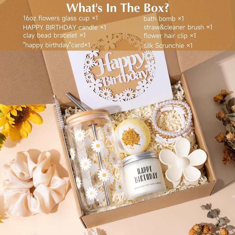 isolune Birthday Gifts For Women, Teen Girl, Her - Gift Baskets with Cute Daisy Aesthetic Glass Cups Gift Set 7pcs - Perfect for Girl, Sister, Daughter, Friends