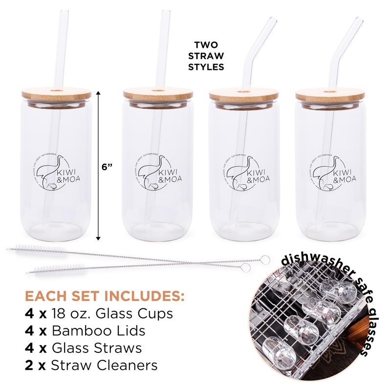 KIWI & MOA Drinking Glasses 18oz Capacity, with Bamboo Lids and Glass Straws, Set of 4, for Mixed Drinks, Cocktails, Beer, Iced Coffee/Tea, Fresh Juice, Smoothies, Parties/Gifts (Branded)