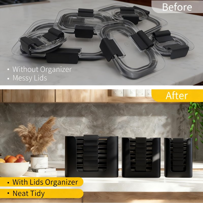 Food Container Lid Organizer for Rubbermaid Brilliances nap-on lids, Lid Organizer for Kitchen Cabinet Storage (3-Piece) - Holds 24 Lids for 4.7 Cup, 3.2 Cup, 1.3 Cup & 0.5 Cup Containers (Black)