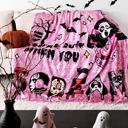 Halloween Throw Blanket Pink: Ultra Soft Ghost Flannel Blanket with Horror Movie 60"x 60", Lightweight Plush Comfy Blanket Halloween Decor for Bed, Couch, Sofa, Living Room, Office, Indoor