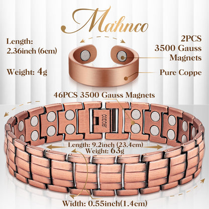Copper Bracelets for Men & Lymphatic Drainage Ring, Magnetic Copper Bracelet with Double Row Magnets, Mens Bracelet Adjustable Length with Remove Tool