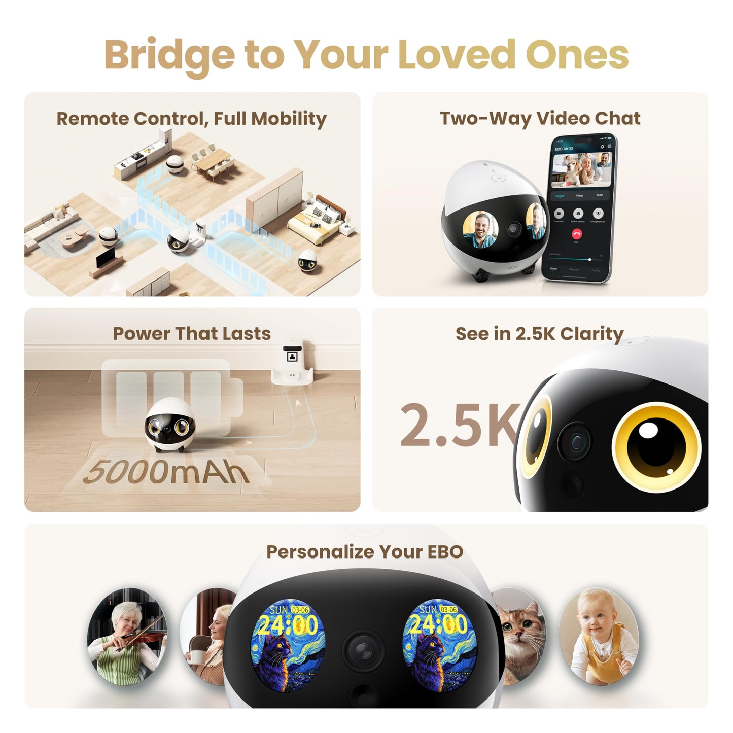 Enabot EBO Air 2S FamilyBot Home Robot Camera: 2.5K Indoor Pet Cam, Movable Robot Camera, 2-Way Video, Auto-Recharge, Long Battery Life, Custom Facial Image, Night Vision