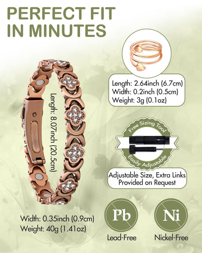 Feraco Pure Copper Bracelets & Rings for Women, Ultra Strength Magnetic Bracelet for Women with Neodymium Magnets & Sparkling Cubic Zirconia, Adjustable, Wellness Jewelry