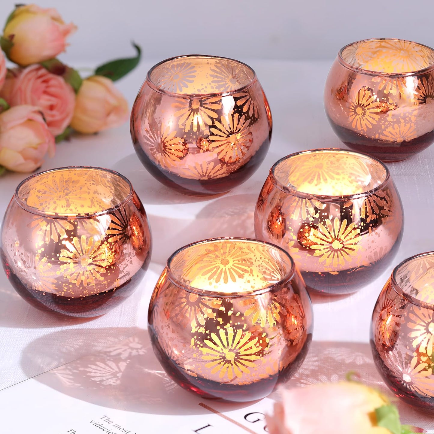sunnyfuture Pink Mercury Glass Votive Candle Holders Set of 12, Round Tealight Candle Holders for Table Centerpieces, Weddings, Shower Gifts, Valentine's Day, Mother's Day, Party Decorations