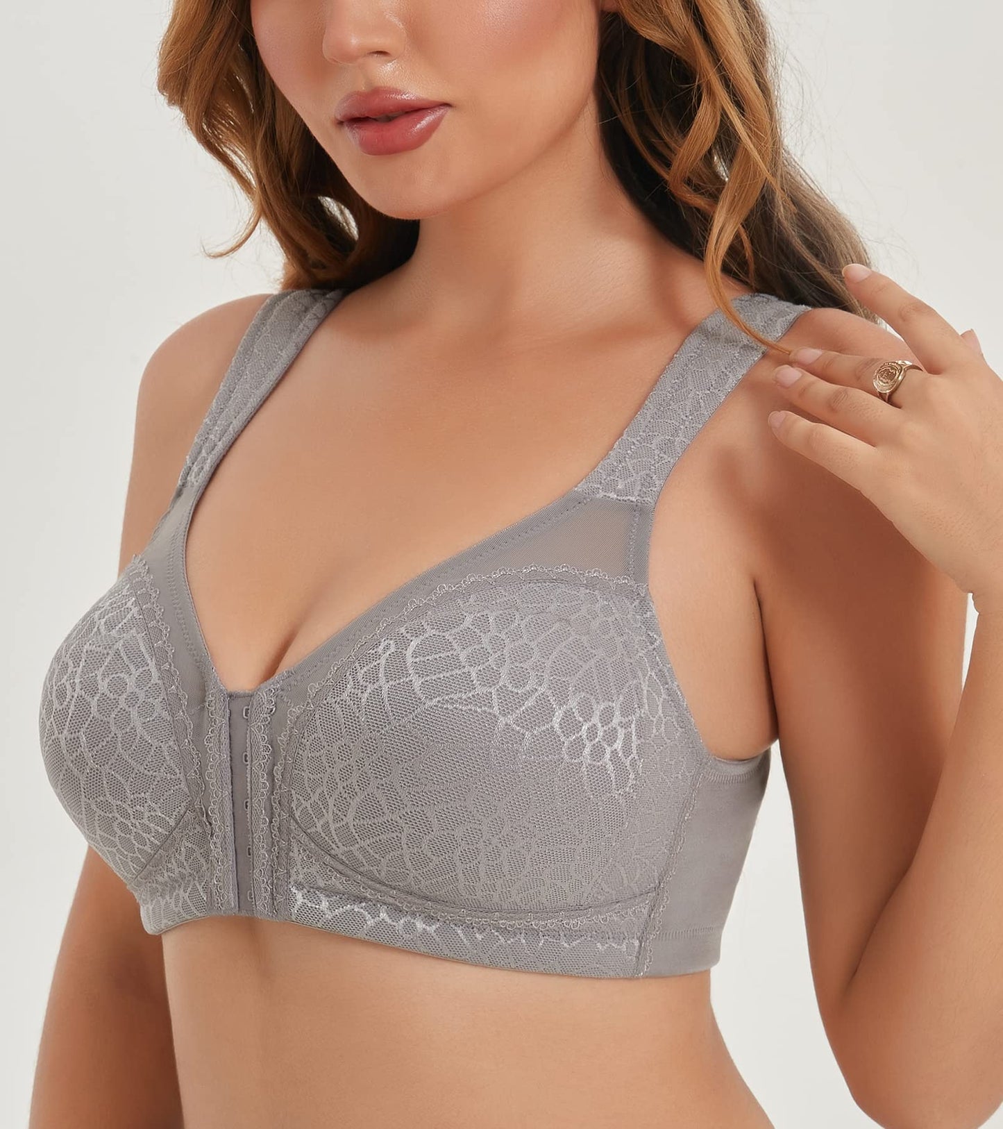 HACI Women's Front Closure Posture Bra Full Coverage Back Support Wireless Unpadded(Grey,46DDD)