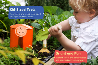 Kinderific Gardening Set, Tool Kit, for Kids, STEM, Includes Tote Bag, Spade, Watering Can, Rake, Fork, Trowel and Gloves (Sunshine)