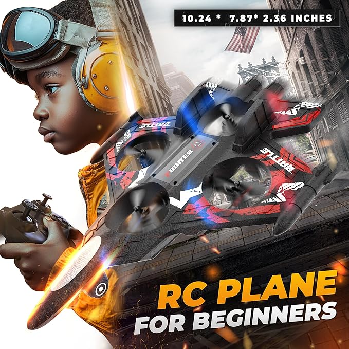 BEZGAR RC Plane | 2.4GHZ Remote Control Airplane Mini Stunt Plane Helicopter 360° Flip Fighter Jet Toy with Colorful LED Navigation Lights Red Toys for ages 8-13