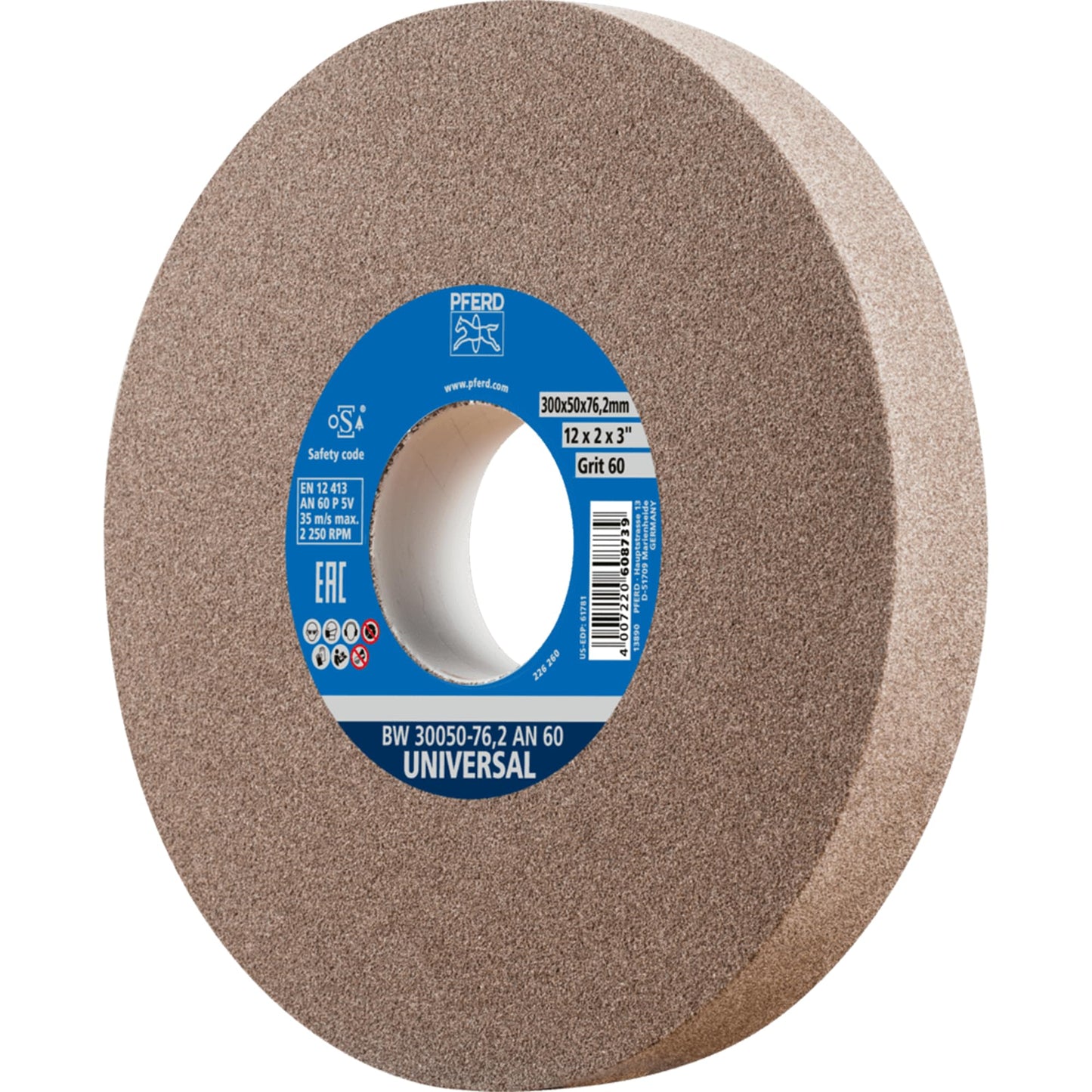 PFERD Vitrified Bench Grinding Wheel – Universal, 12" Diameter, 2" Thick, 3" Arbor, 60 Grit, Aluminum Oxide, for General Metalworking - Part 61781