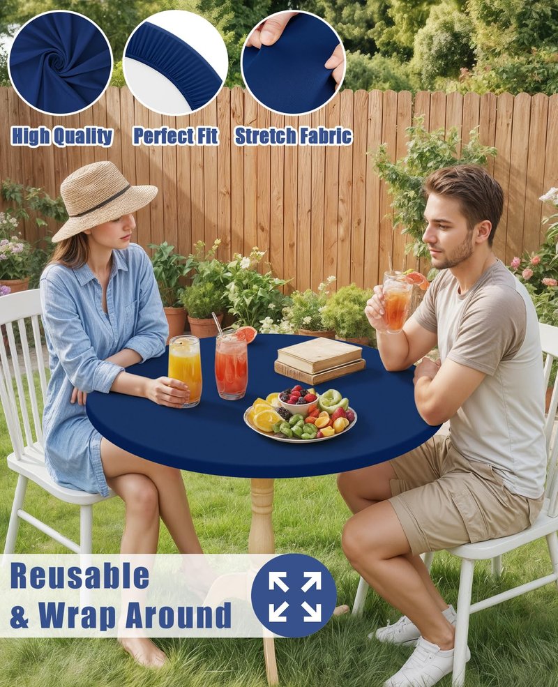 Moosfor Round Spandex Tablecloth, Elastic Fitted Waterproof Tablecloths for 42"-50" Tables, Stretch Washable Picnic Table Cover for Camping, Dining, Indoor and Outdoor, Navy