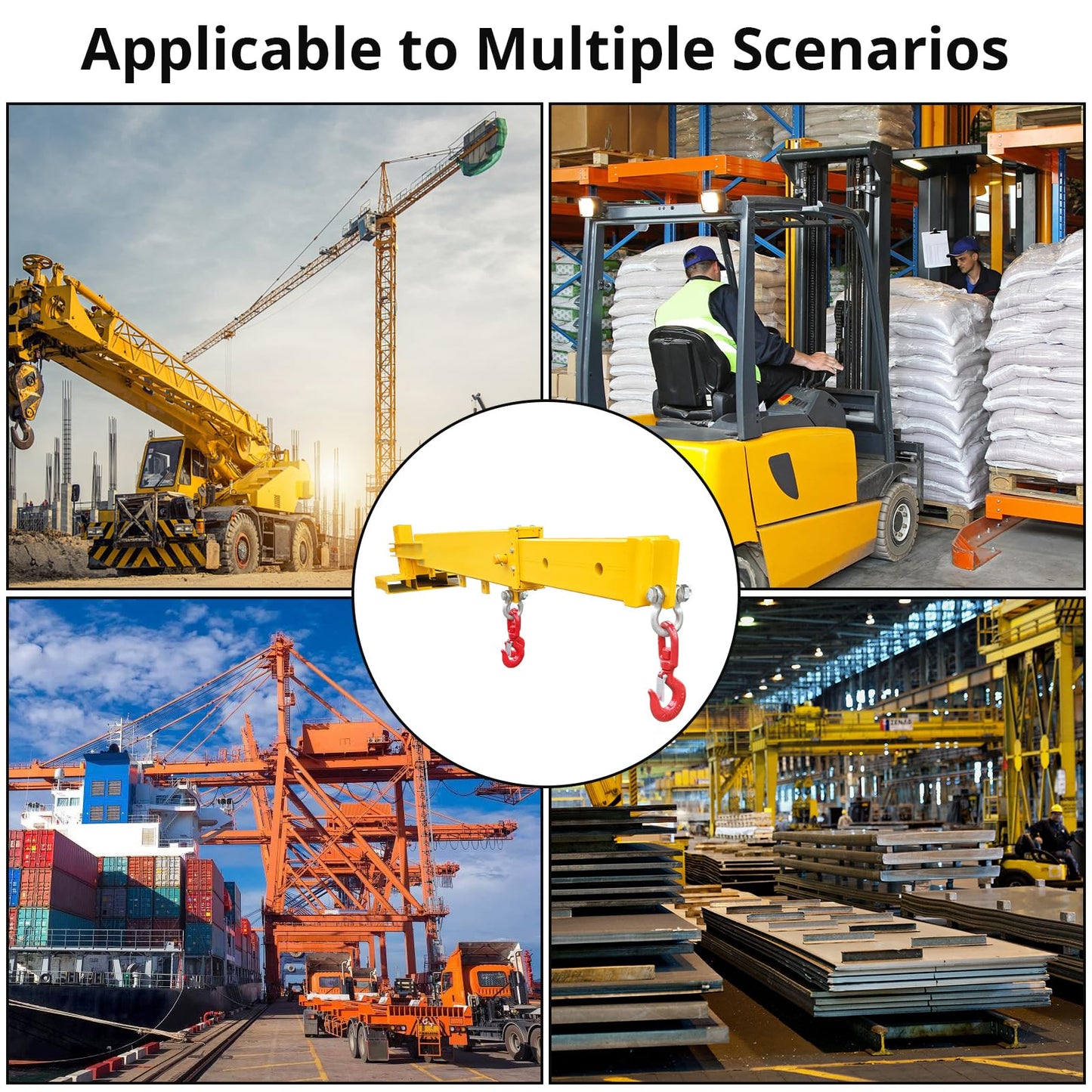 Adjustable Forklift Jib Boom Crane, Manual Telescopes 83“～149 in, Forklift Mobile Crane with Two 3 t Swivel Hooks, 6000 LBS Lift Capacity Forklift Crane for Warehouse or Factories